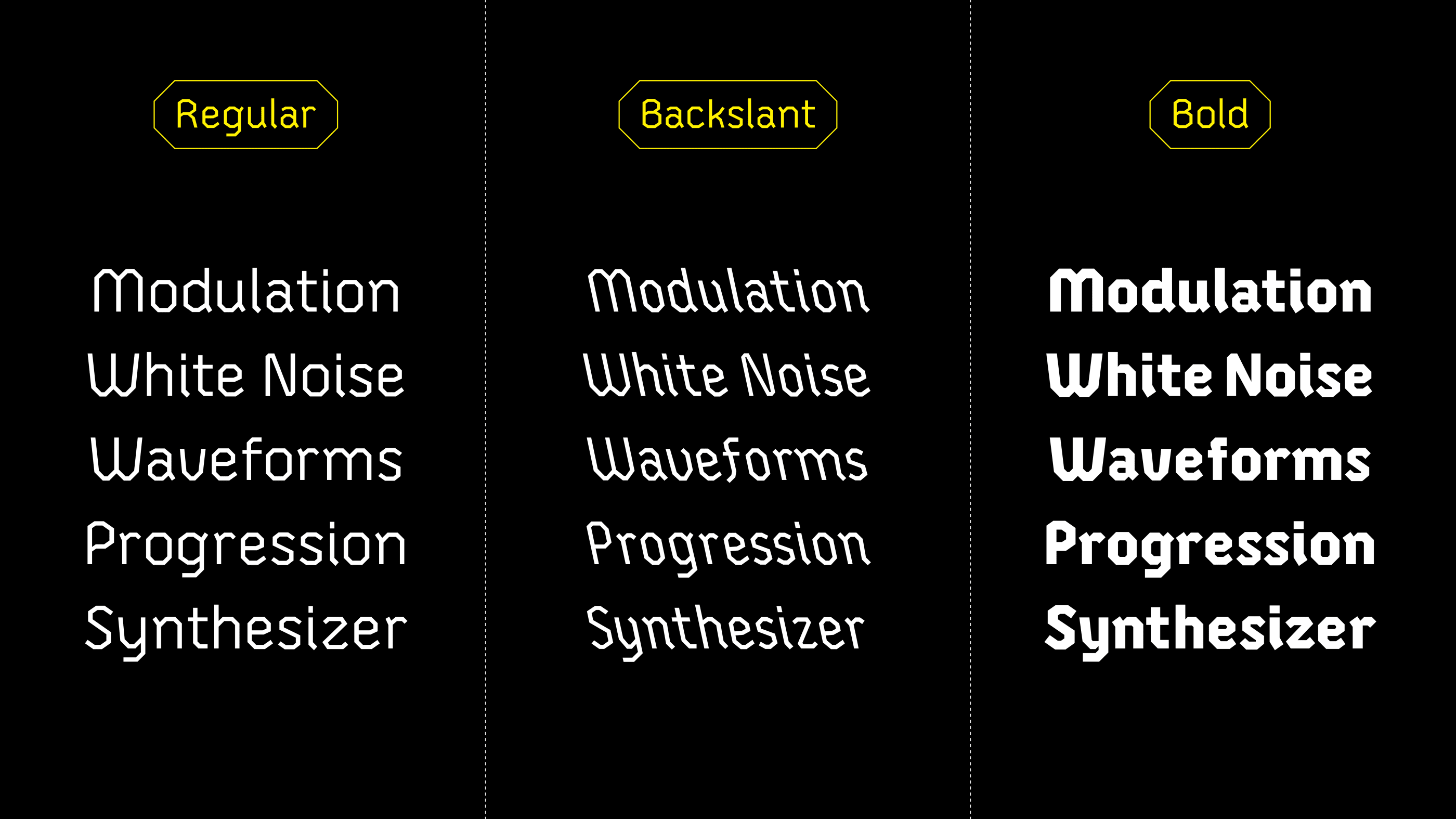 3 column view of primary styles: regular, backslant, and bold in white text on a black background: listing synth related words