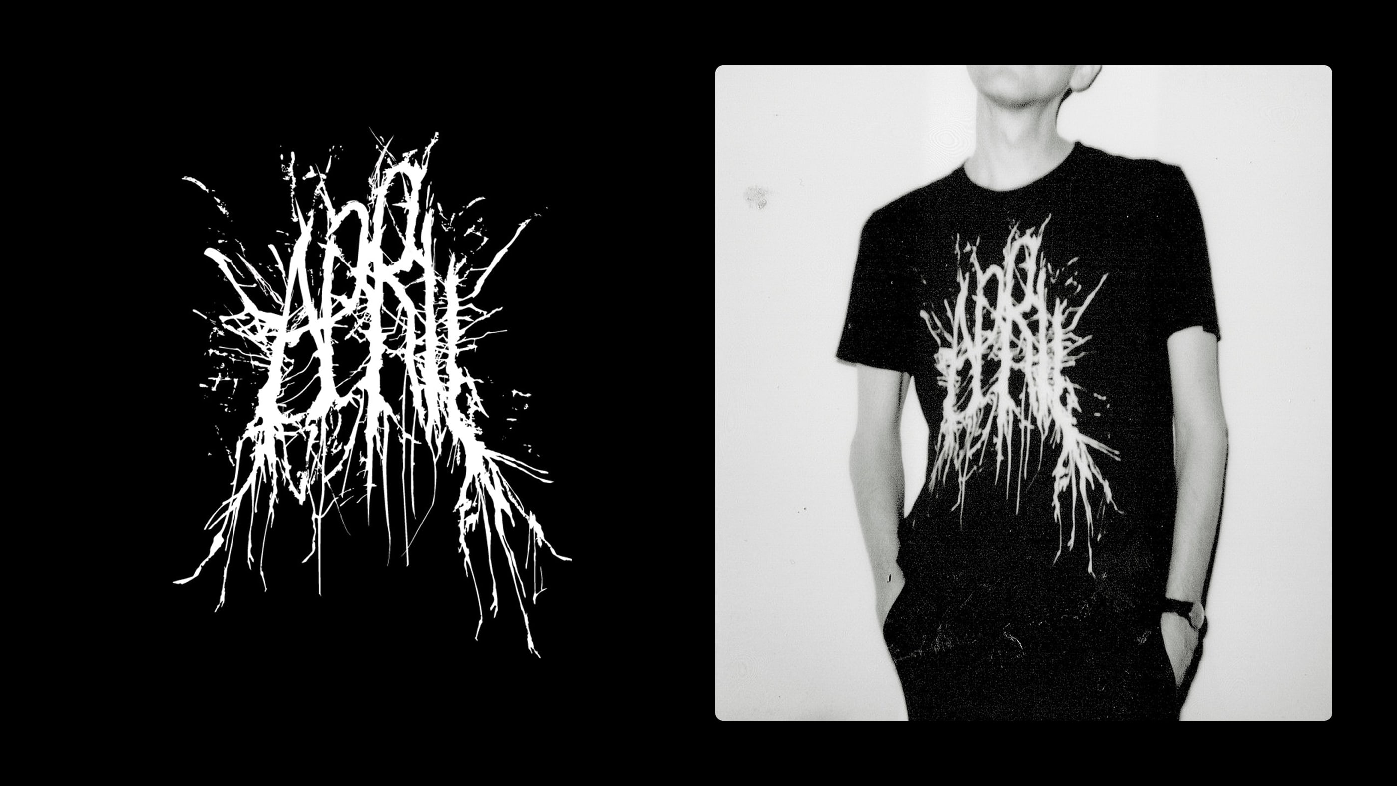 Side-by-side view of the metal-inspired lettering in white ink on a black background and a photo of a man wearing the april tee shirt