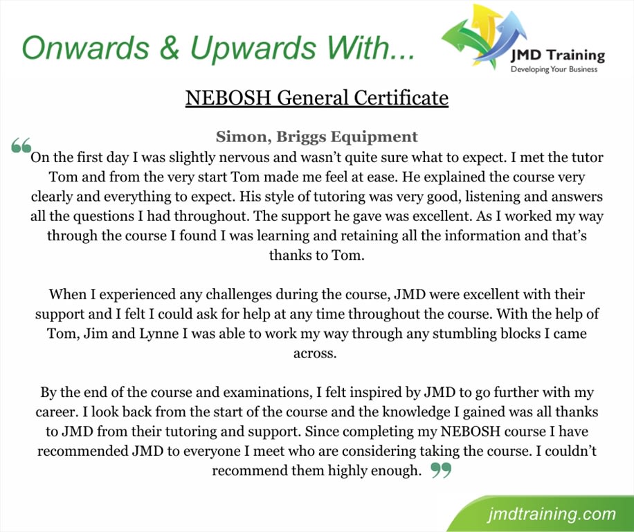 Testimonial- JMD Training has NEBOSH Gold Status- 