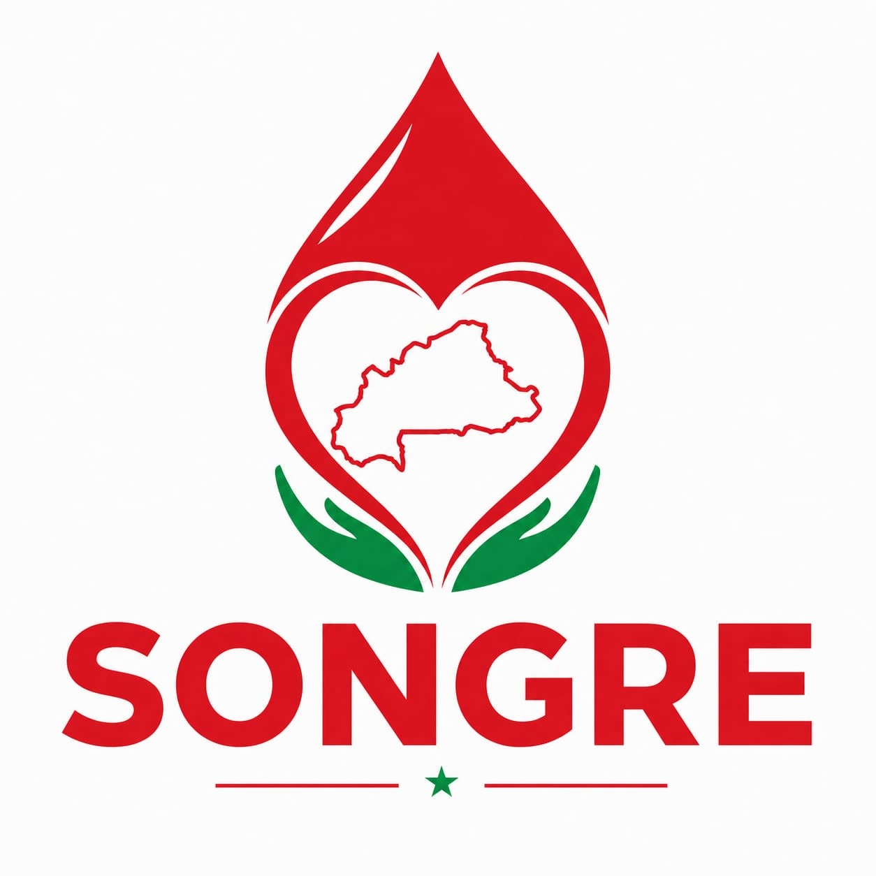 Logo rouge et vert SONGRE avec une carte du Burkina Faso dans un cœur