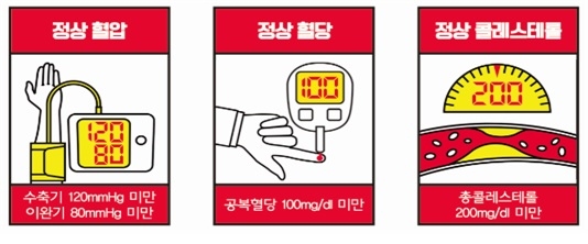 정상 혈압 120/80, 정상 혈당 100mg/dL, 정상 콜레스테롤 200mg/dL 미만 기준 안내