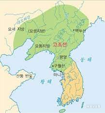 고조선 아사달 위치와 영토 범위 지도 고조선의 수도 아사달 위치와 고조선 영토 범위를 보여주는 한국 고대사 지도