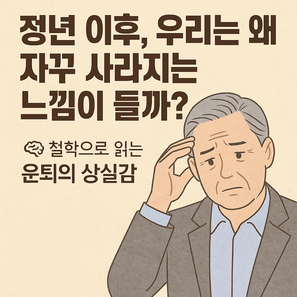 정년 퇴직 후 느껴지는 상실감과 존재의 의미를 철학적으로 조명하는 인생 후반의 자아 성찰 이미지 정년 이후 상실감에 대해 철학적으로 고민하는 중년 남성 일러스트