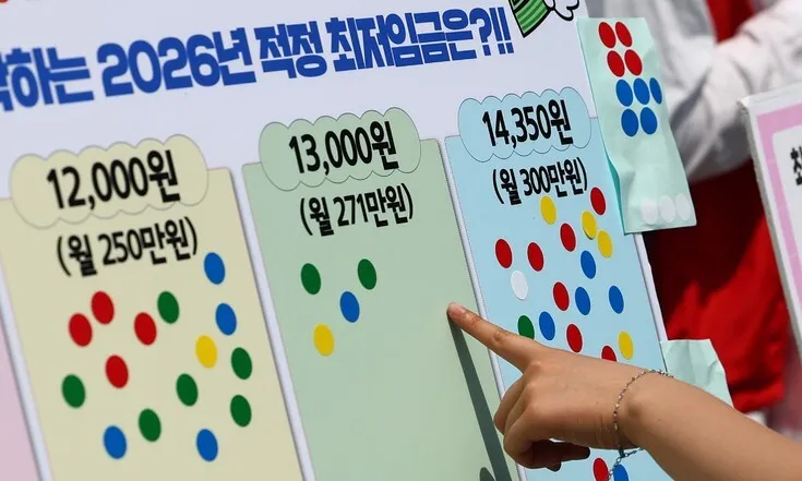 2026년 적정 최저임금을 주제로 진행된 시민 설문 판넬에서 한 시민이 13,000원 항목에 손가락으로 표시하고 있는 모습