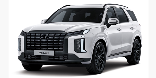 현대자동차 팰리세이드 2025년형 화이트 컬러 SUV 정면 측면 이미지