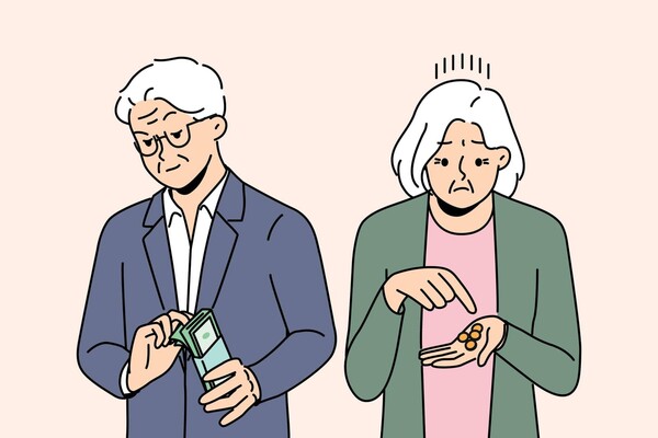 기초연금만으로 생활이 어려워 걱정하는 노년 부부의 모습이 담긴 일러스트