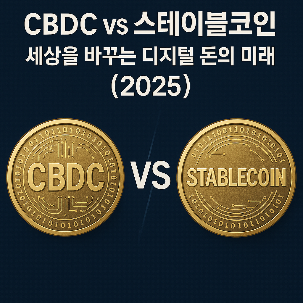 CBDC vs 스테이블코인 – 디지털 화폐의 미래 비교 (2025) CBDC와 스테이블코인의 차이를 비교한 디지털 화폐 미래 이미지 (2025년 기준)