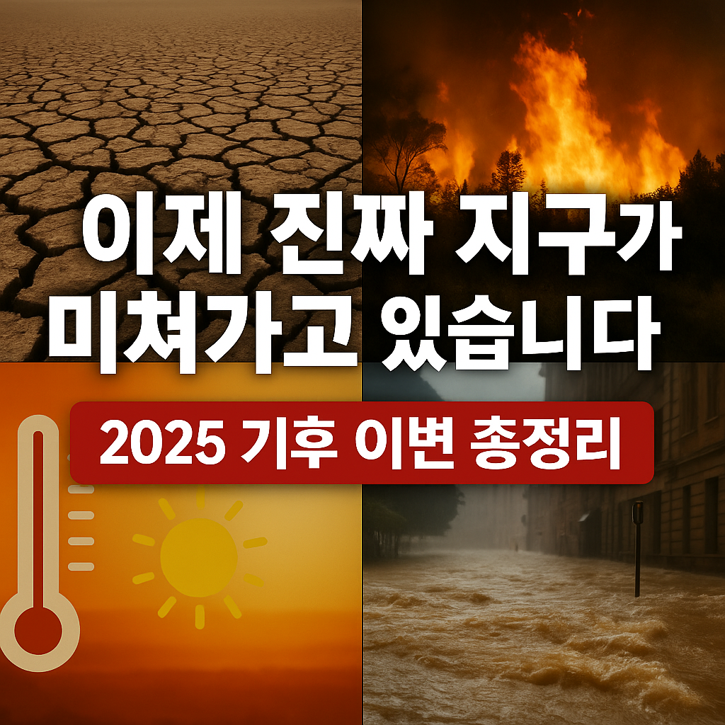 2025년 지구 기후 이변을 보여주는 대표 이미지, 폭염·가뭄·산불·홍수가 동시에 나타나는 현상 묘사
