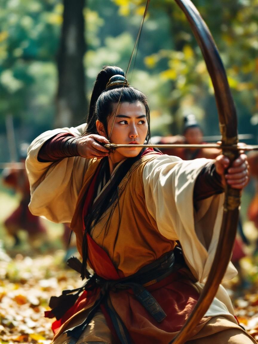 신라 화랑이 숲속에서 활을 당기며 궁술 훈련을 하고 있는 모습