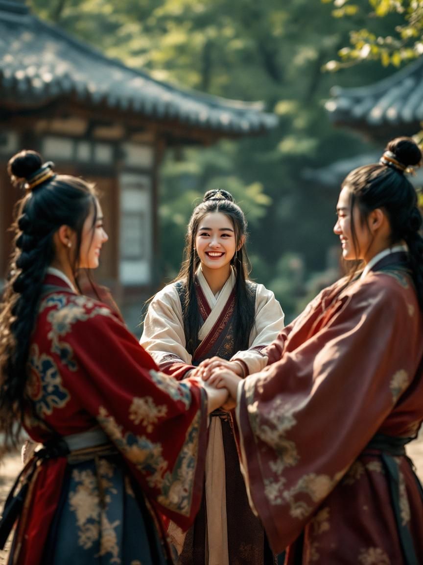 신라 화랑으로 묘사된 청년들이 손을 맞잡고 웃으며 우정을 나누는 장면