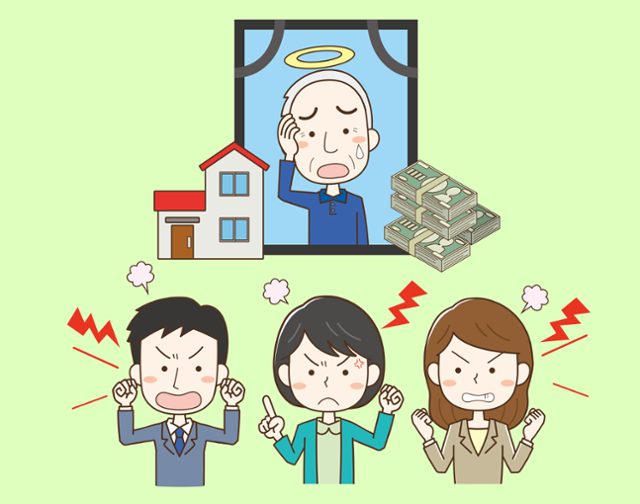 상속 재산 분할을 두고 가족 간에 갈등이 발생하는 상황을 묘사한 만화 이미지