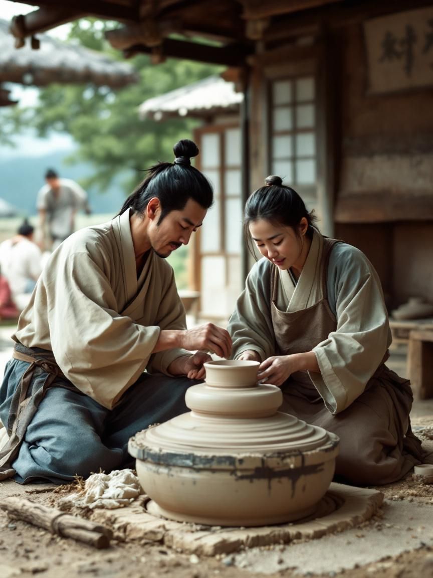 백제 시대 도공 부부가 도자기를 함께 만드는 모습