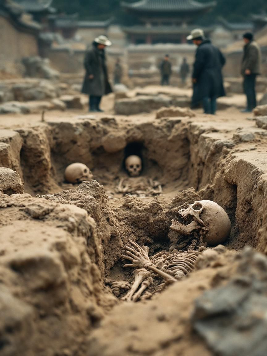 경주 월성 유적지에서 인신공양 유골이 발굴되고 있는 현장, 고고학자들이 조사 중인 모습