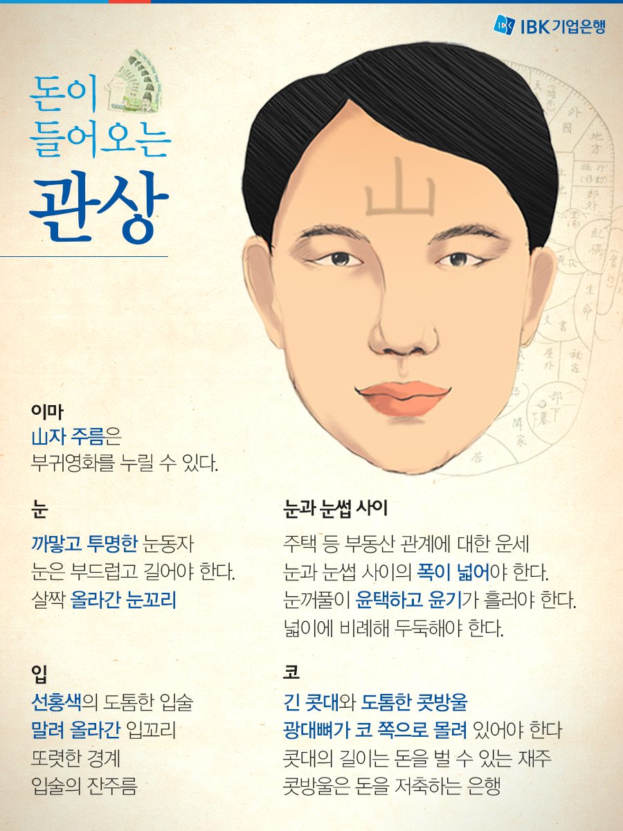 돈이 들어오는 관상 특징, 재물운이 강한 얼굴형 해설 인포그래픽