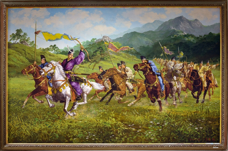 정창섭 화백의 작품 '화랑도의 수련'에서 묘사된 신라 화랑들의 기병 훈련 장면