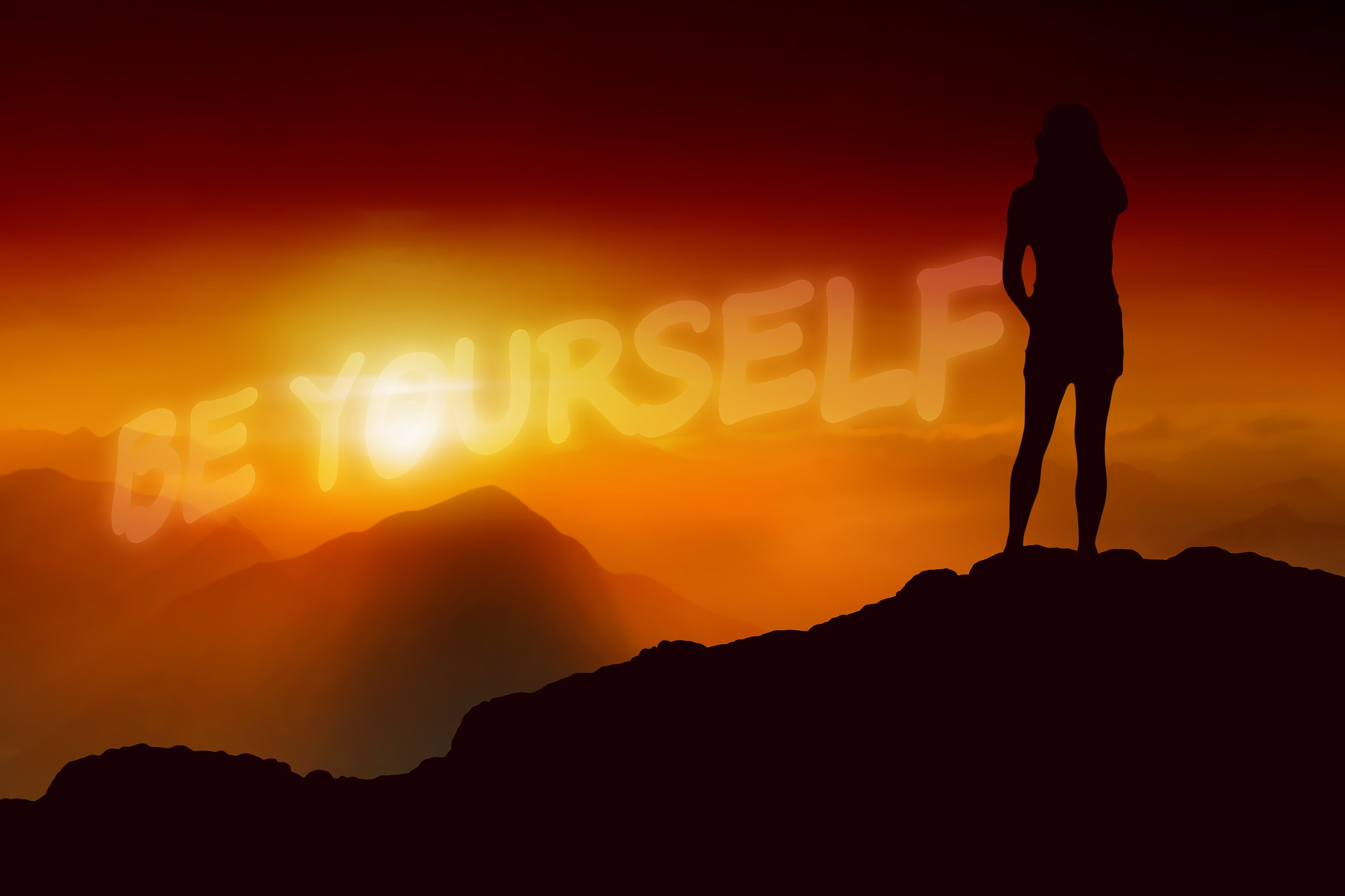 노을 속에서 자신을 마주하는 여성 실루엣과 Be Yourself 문구