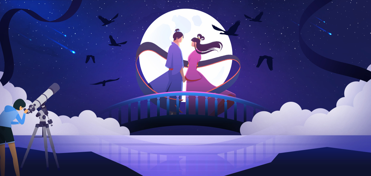 은하수 위에서 마주한 견우와 직녀의 전설 은하수 위 오작교에서 다시 만난 견우와 직녀