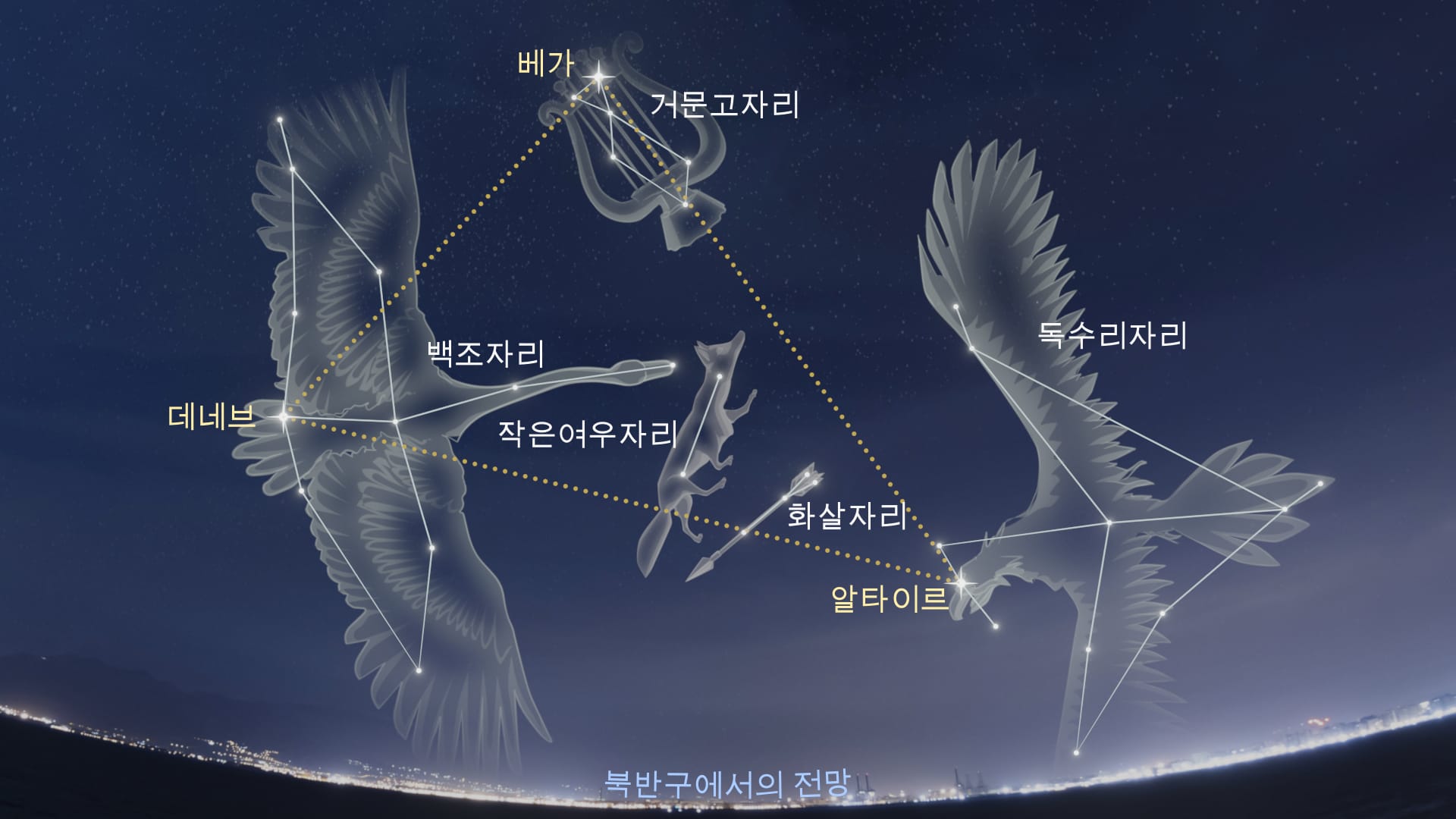 여름철 대삼각형과 대표 별자리 해설 이미지 베가, 알타이르, 데네브로 이루어진 여름철 대삼각형과 별자리 구성도
