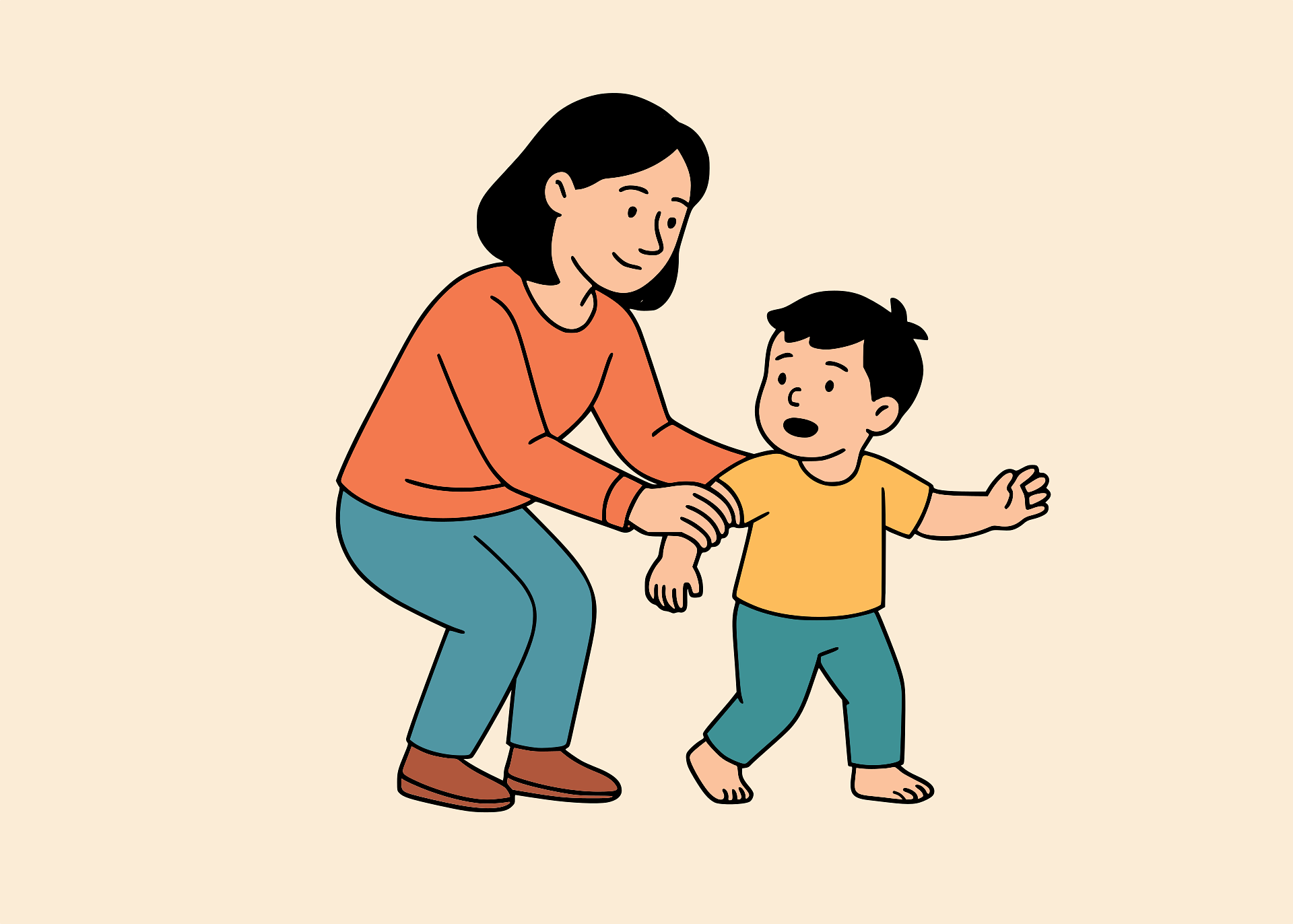 아이를 다정하게 붙잡고 있는 어머니의 모습, 애착 형성과 정서적 지지를 상징하는 일러스트