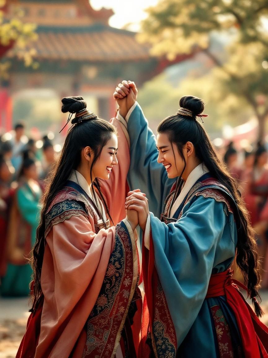 신라시대 화랑의 모습으로 재현된 두 청년이 전통 의상을 입고 손을 맞잡고 있는 장면