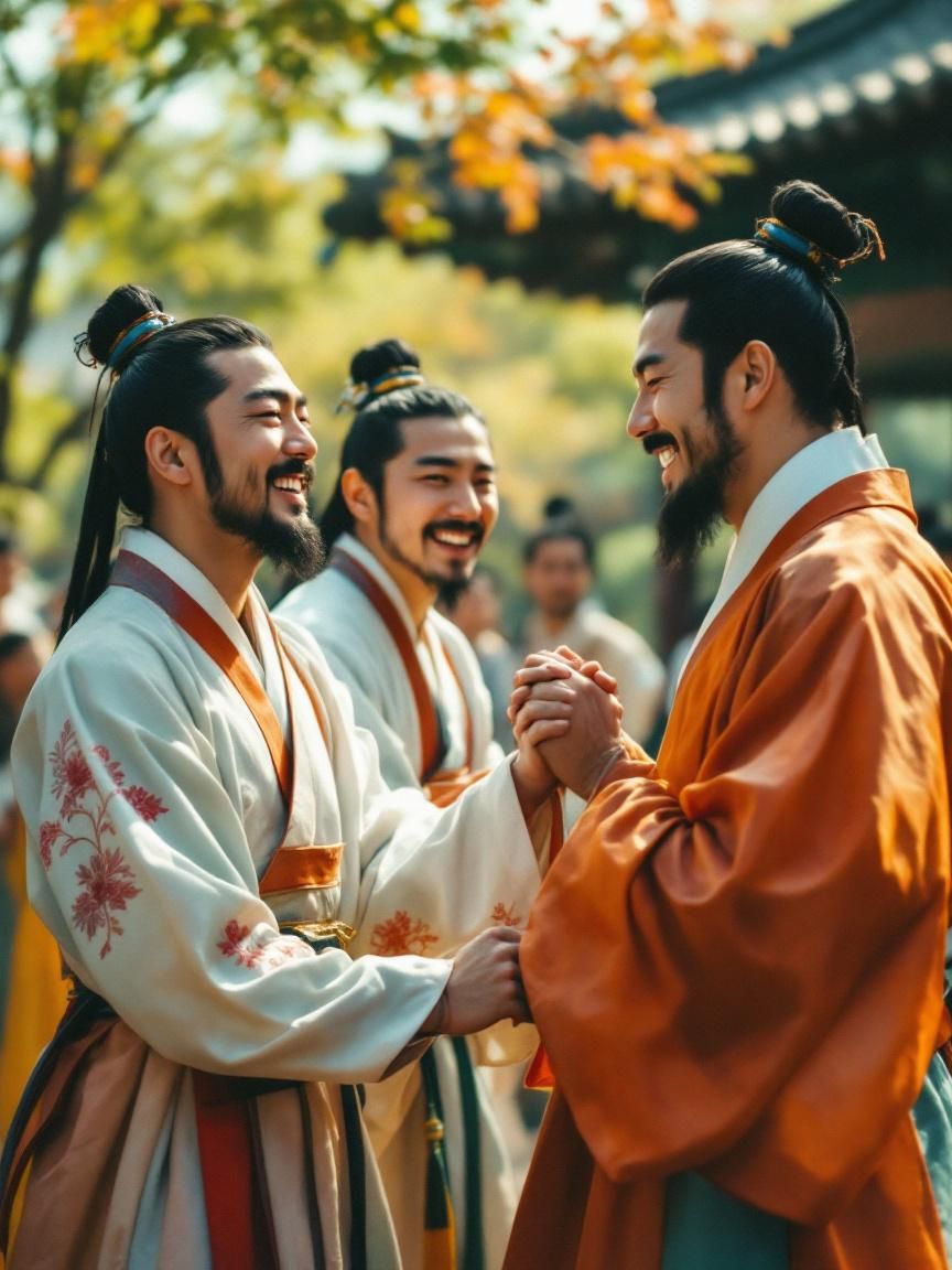 신라시대 화랑으로 묘사된 청년 귀족들이 손을 맞잡고 미소 짓는 장면