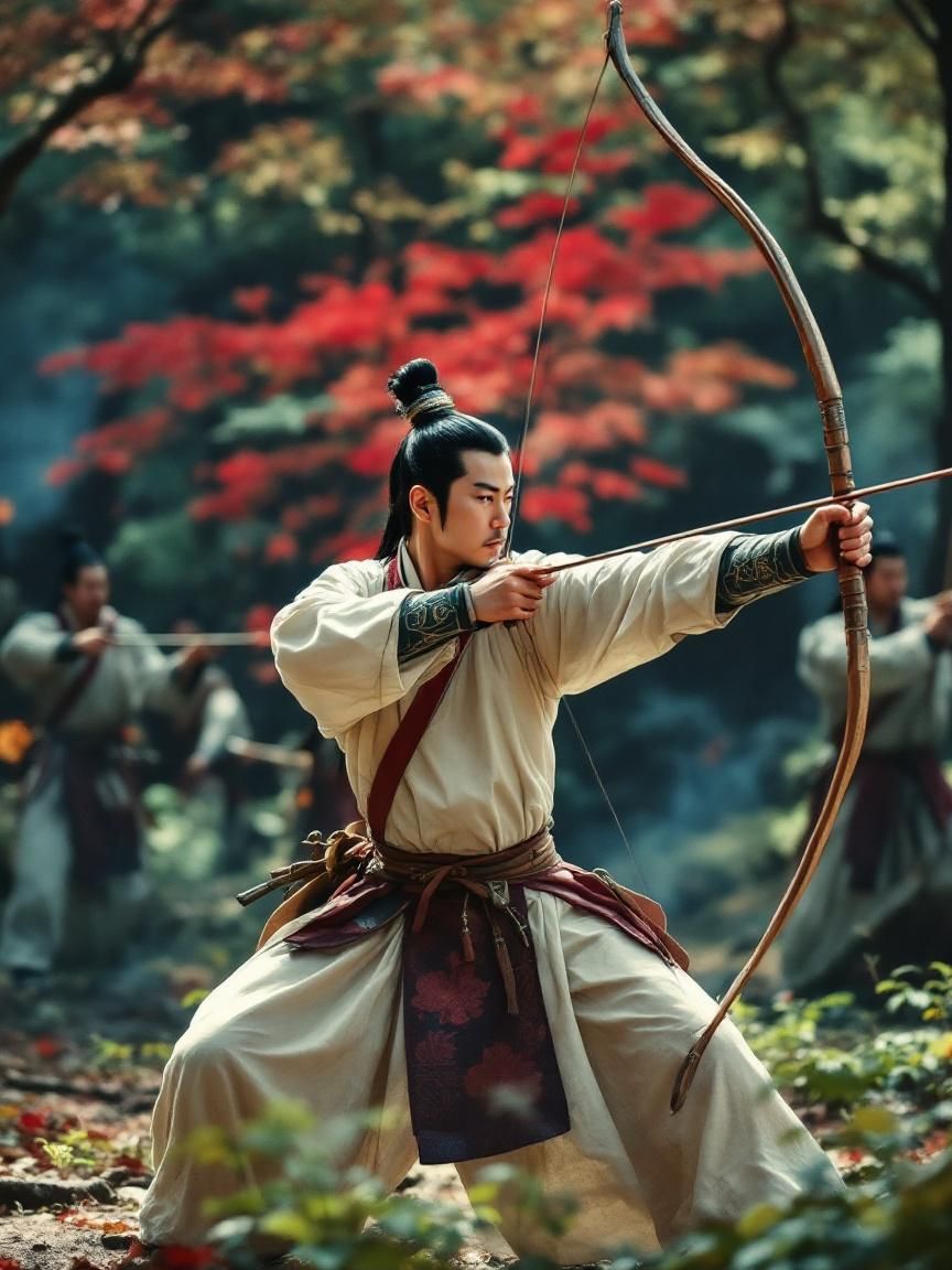 신라 화랑으로 묘사된 청년이 활을 겨누며 궁술 훈련을 하고 있는 장면