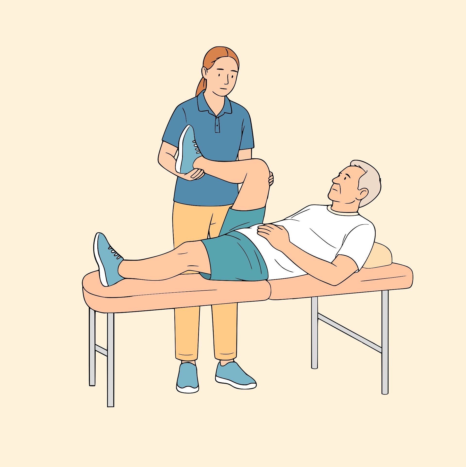 70대 무릎 통증, 하루 10분만 이렇게 해보세요 70대 남성이 무릎 통증 완화를 위해 물리치료사의 도움으로 재활 스트레칭을 받는 모습