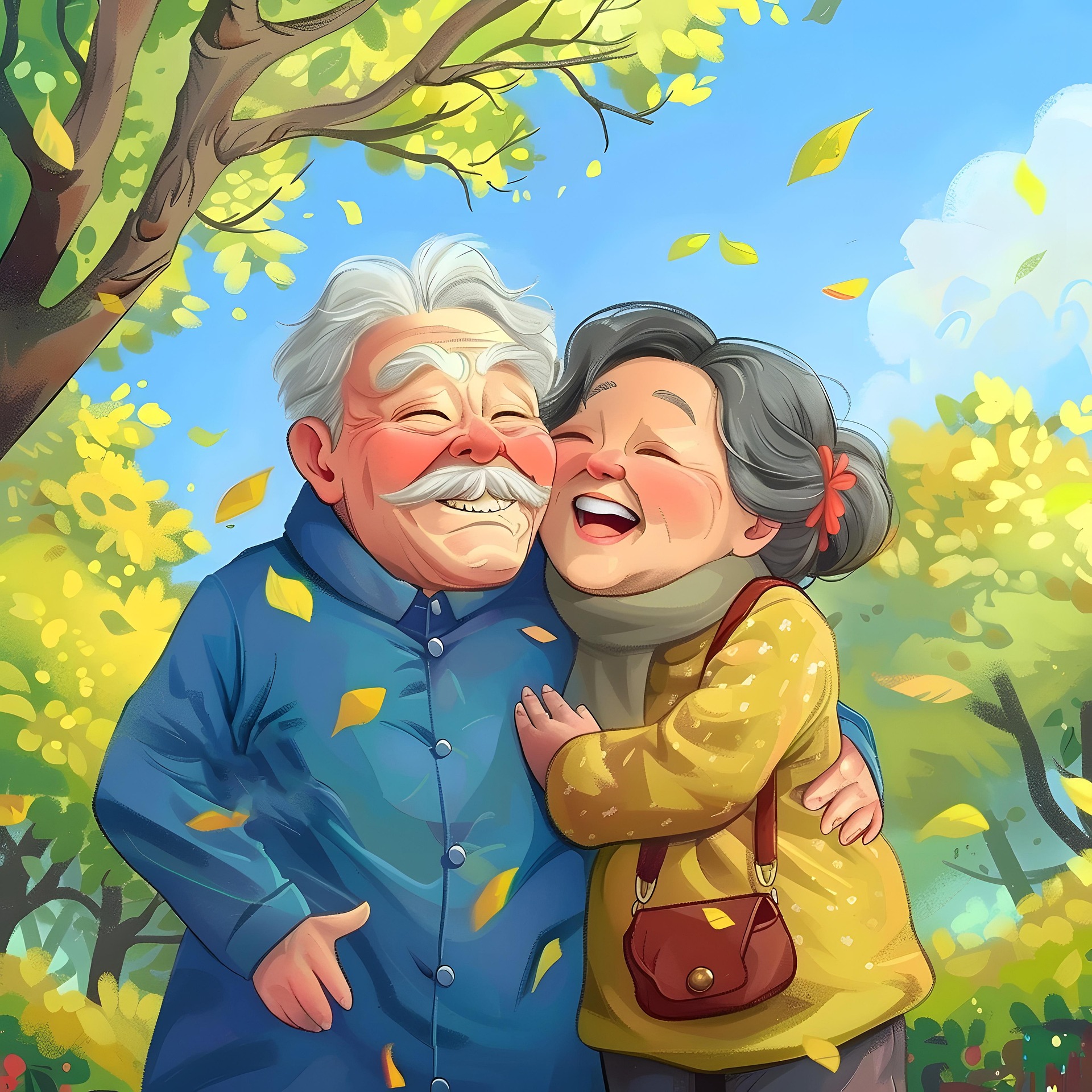 요즘 시니어가 꽂힌 의외의 취미와 행복한 노년 가을 풍경 속에서 서로를 꼭 안고 웃고 있는 시니어 부부 일러스트—요즘 시니어가 즐기는 의외의 취미와 행복한 노년의 여가를 상징하는 장면