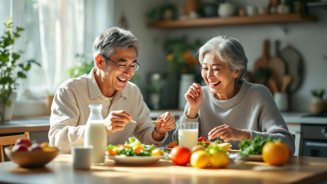 아침에 이것만 바꿔도 공복 혈당이 뚝! 시니어 전용 아침 식단 시니어 부부가 샐러드와 우유 등 균형 잡힌 아침 식단으로 공복 혈당 관리를 실천하는 모습