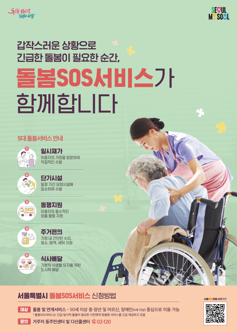 서울·수도권 돌봄SOS서비스 안내 — 5대 돌봄 서비스 종류와 신청 방법 포스터