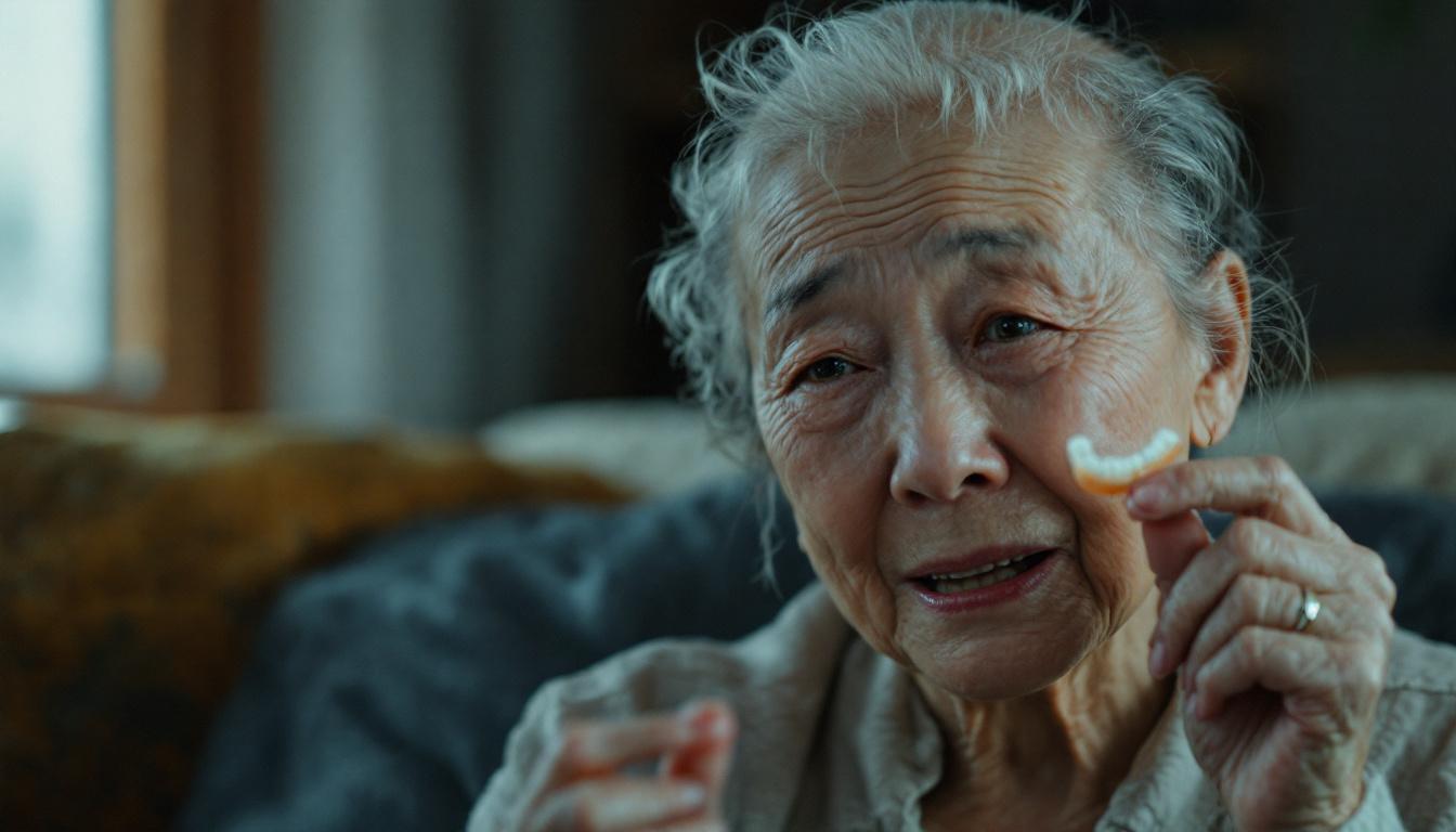 틀니에 적응 중인 60대 여성이 단백질 부족으로 인한 모발 건강 악화를 걱정하는 모습