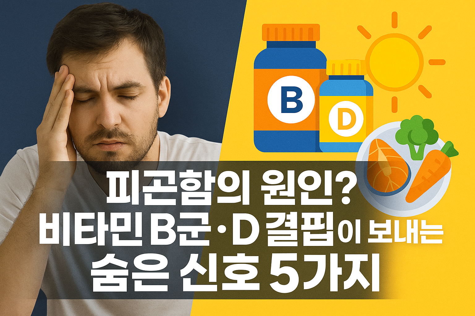 피곤함을 호소하는 남성과 비타민 B·D 보틀, 햇빛·음식 아이콘이 보이는 그래픽—비타민 B군과 비타민 D 결핍 신호 안내