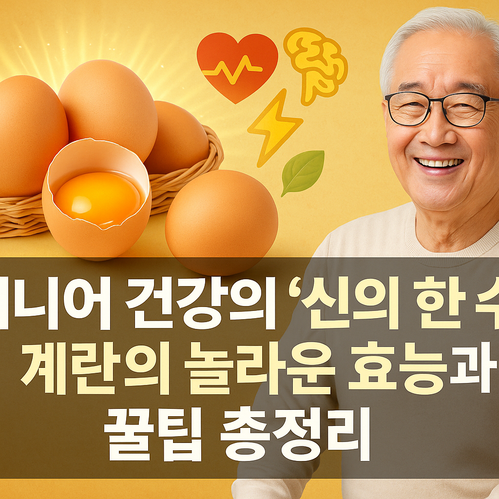 미소 짓는 시니어와 달걀 바구니, 심장·뇌·에너지 아이콘—시니어 건강을 위한 계란 효능과 섭취 팁 안내