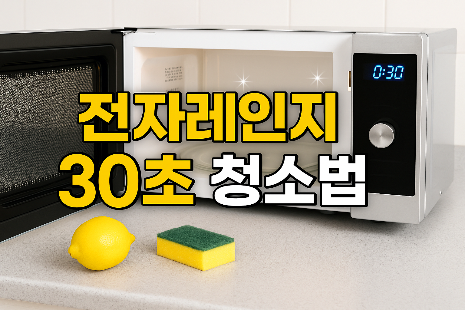 전자레인지 30초 청소법—문이 열린 전자레인지와 레몬·스펀지로 스팀 청소하여 냄새와 기름때를 제거하는 방법 안내