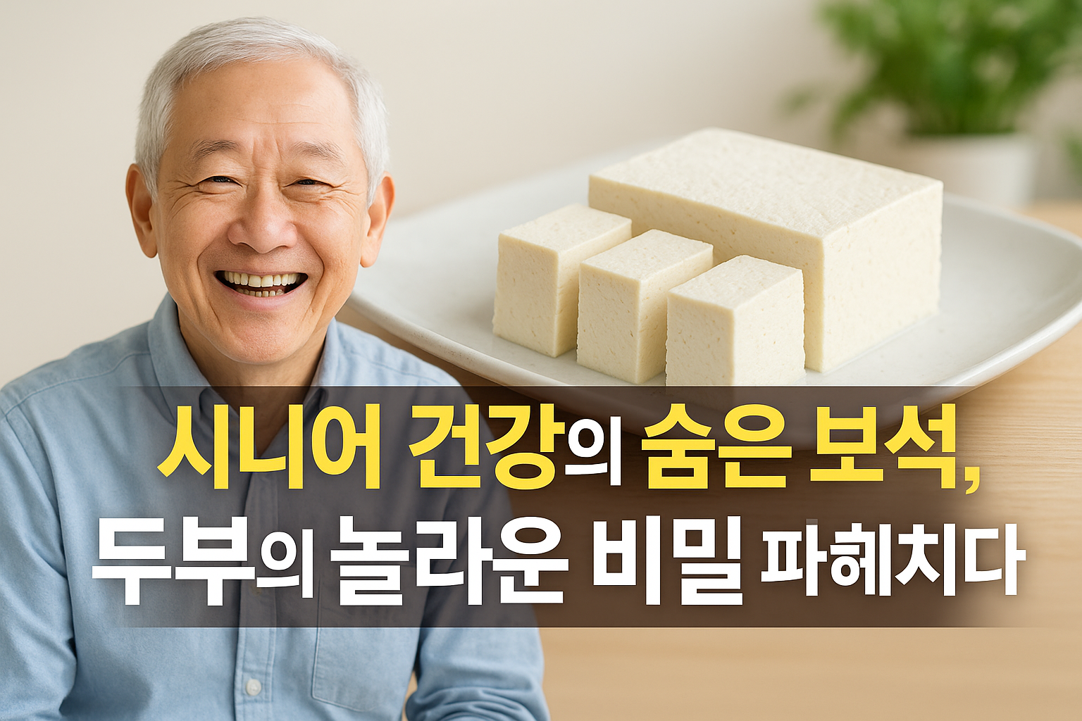 시니어 건강의 숨은 보석, 두부의 놀라운 비밀을 파헤치다 밝게 웃는 시니어 남성과 접시에 올려진 두부 한 모와 큐브, 시니어 건강에 유익한 두부 효능을 소개하는 대표 이미지