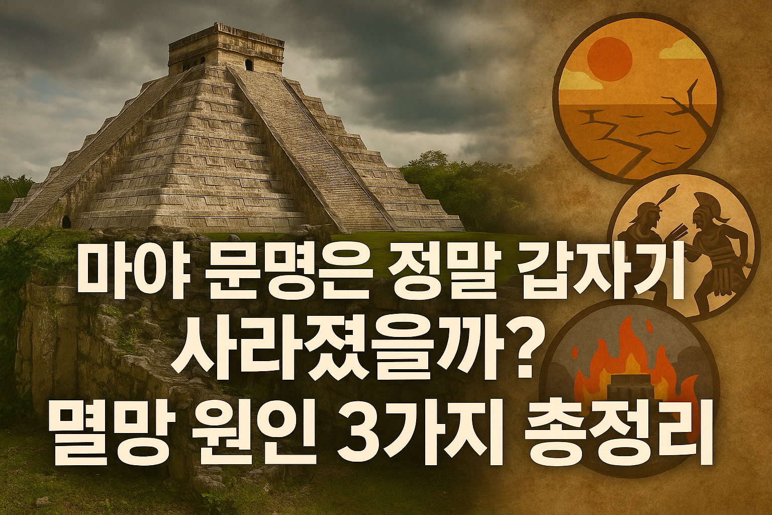 마야 유적 피라미드와 가뭄·전쟁·화재를 상징하는 아이콘이 배치된 표지 이미지, 마야 문명 멸망 원인 3가지 안내