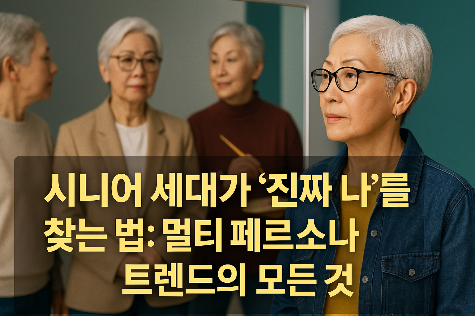 시니어 세대가 ‘진짜 나’를 찾는 법: 멀티 페르소나 트렌드의 모든 것 거울 앞에서 서로 다른 모습의 시니어 여성이 자신을 바라보는 장면 — 멀티 페르소나와 ‘진짜 나’ 찾기, 시니어 트렌드