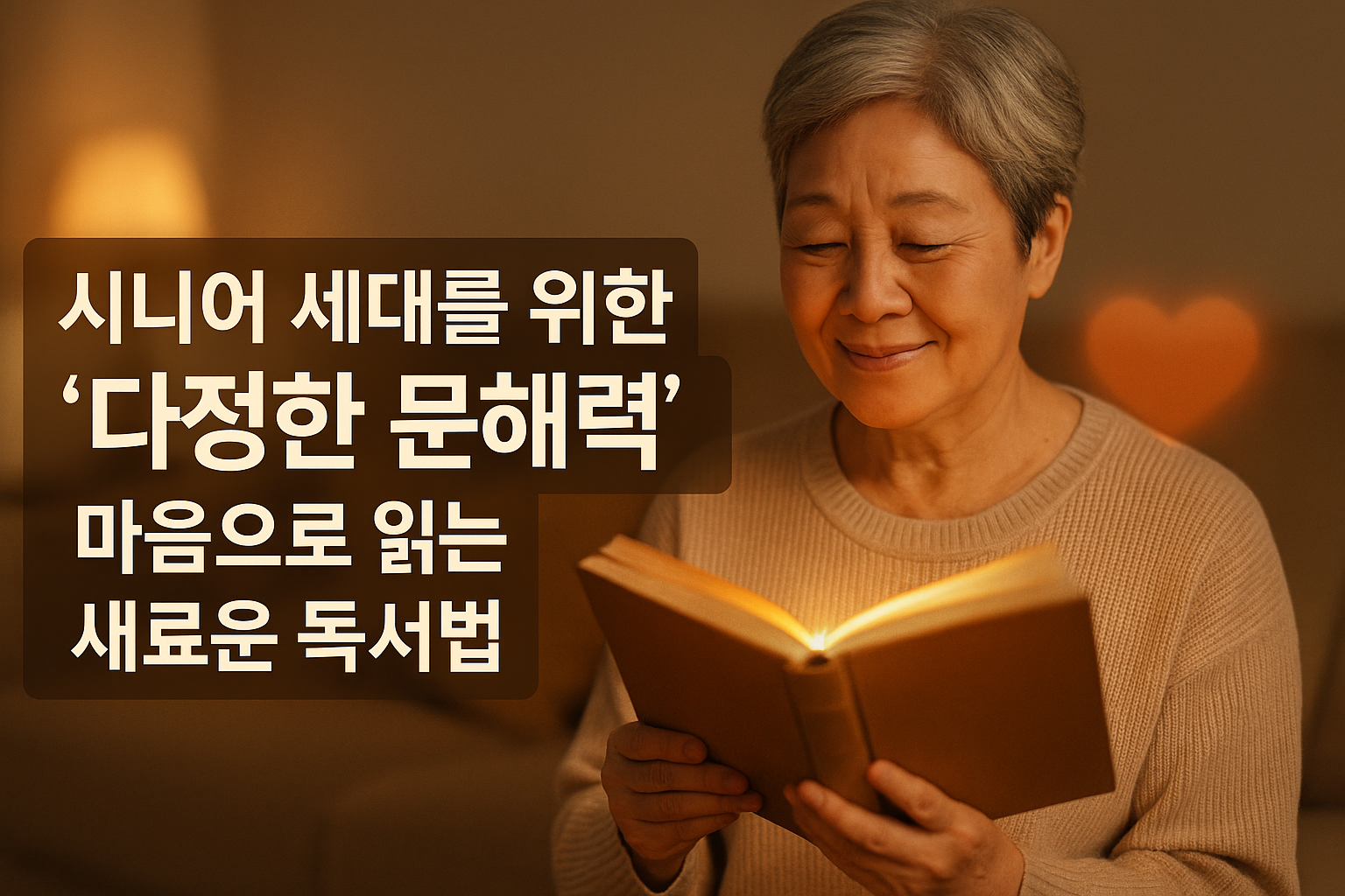 시니어 세대를 위한 ‘다정한 문해력’: 마음으로 읽는 새로운 독서법 따뜻한 조명 아래 책을 편안히 읽는 시니어 여성 — 시니어 세대를 위한 ‘다정한 문해력’, 마음으로 읽는 새로운 독서법과 공감 독서, 큰글자책
