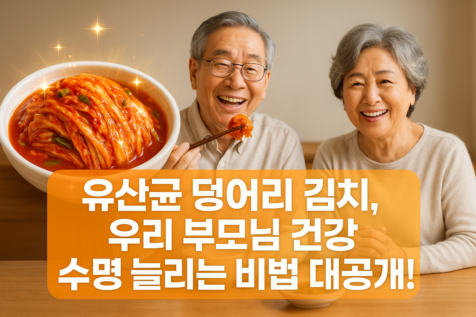 유산균 덩어리 김치, 우리 부모님 건강 수명 늘리는 비법 대공개! 밝게 미소 짓는 시니어 부부와 김치 한 그릇 — 유산균 가득한 발효 김치로 부모님 건강을 챙기는 프로바이오틱스·장건강 이미지
