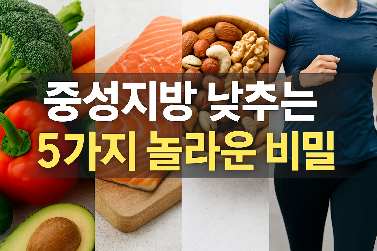 시니어 건강 필수! 중성지방 낮추는 5가지 놀라운 비밀 브로콜리·연어·견과류와 조깅 장면을 한 화면에 담은 배너 – 시니어 중성지방 낮추는 5가지 비밀
