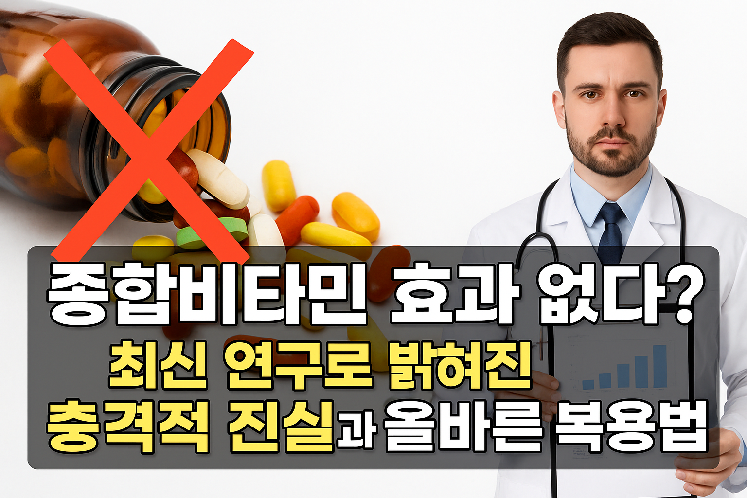 현명한 비타민 복용 가이드 – 종합비타민 효과와 올바른 복용법 종합비타민 알약 병과 붉은 X 표시, 의사가 등장하는 썸네일 이미지로 ‘종합비타민 효과 없다? 최신 연구와 올바른 복용법’ 주제를 알기 쉽게 강조