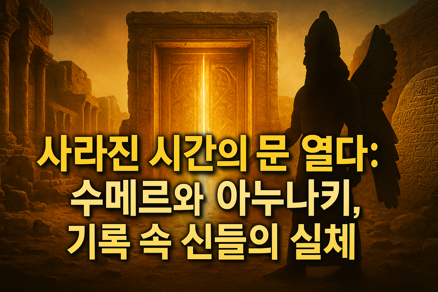 인류 문명의 수수께끼: 수메르와 아누나키, 기록 속 신들의 실체 수메르 문명과 아누나키 전설을 상징하는 석문과 유적, 메소포타미아 황금빛 배경의 대표 이미지