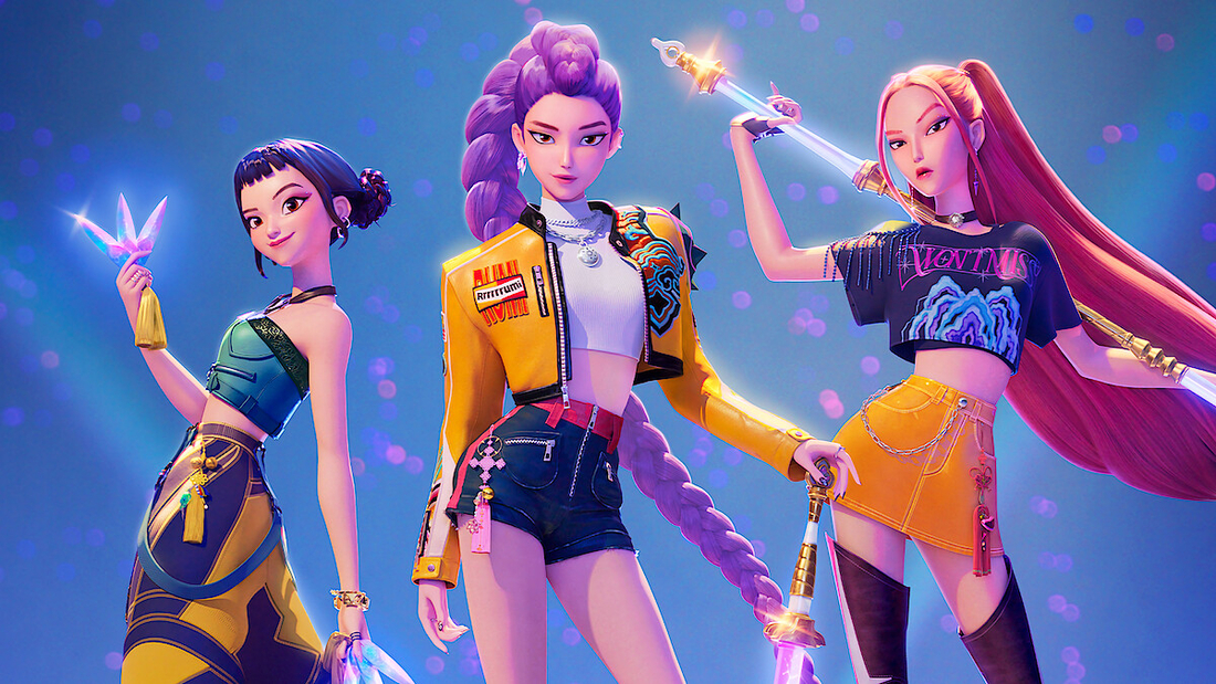 전 세계를 사로잡은 K-콘텐츠, 한국 관광 산업의 새로운 황금기를 열다 K-POP: Demon Hunters 캐릭터 3인이 네온 배경 무대에서 포즈를 취하는 일러스트—K-콘텐츠 한류 트렌드