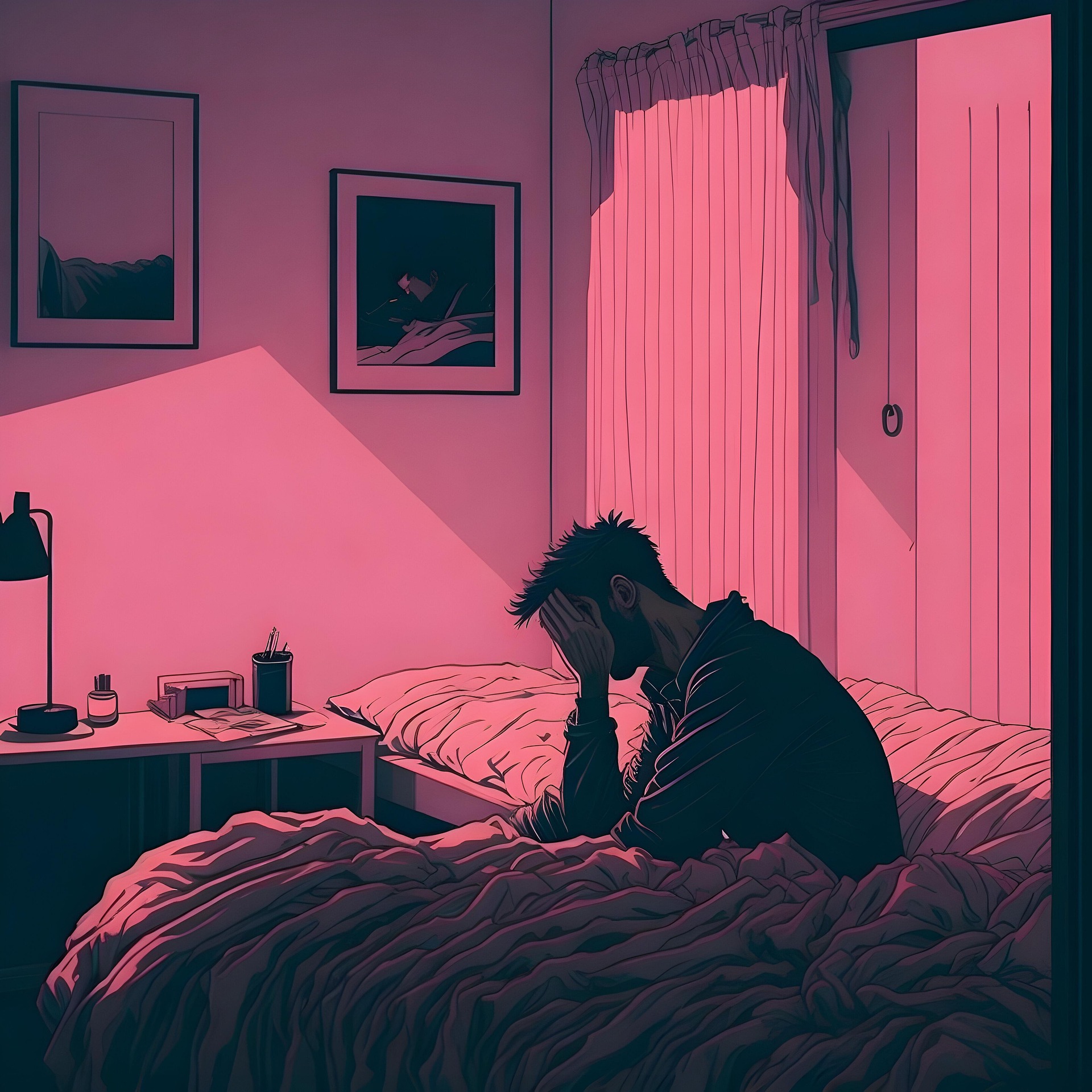 술이 곧 즐거움인 당신, 간은 정말 괜찮을까요? 알코올 간질환의 충격적 진실 술로 인한 숙취와 우울감으로 잠 못 드는 남성 일러스트 — 알코올 간질환과 정신건강 위험 경고
