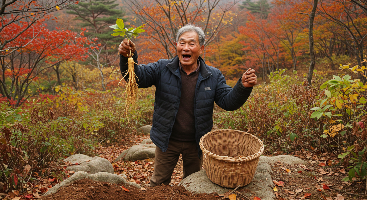 왜 '나는 자연인이다'에 중장년 남성들이 열광하는가? 현실도피인가, 진정한 자유인가? 가을 숲에서 직접 캐낸 약초 뿌리를 들고 환하게 웃는 중장년 남성, 나는 자연인이다가 보여주는 자연 속 자립과 자유의 상징