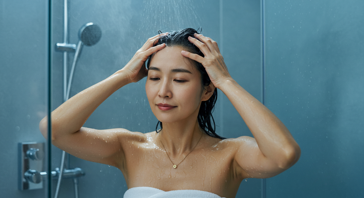 두피 앰플부터 올바른 식습관까지: 건강한 모발의 뿌리를 만드는 완벽한 두피 관리법 샤워 중 두피를 깨끗하게 세정하며 건강한 모발 뿌리를 관리하는 모습