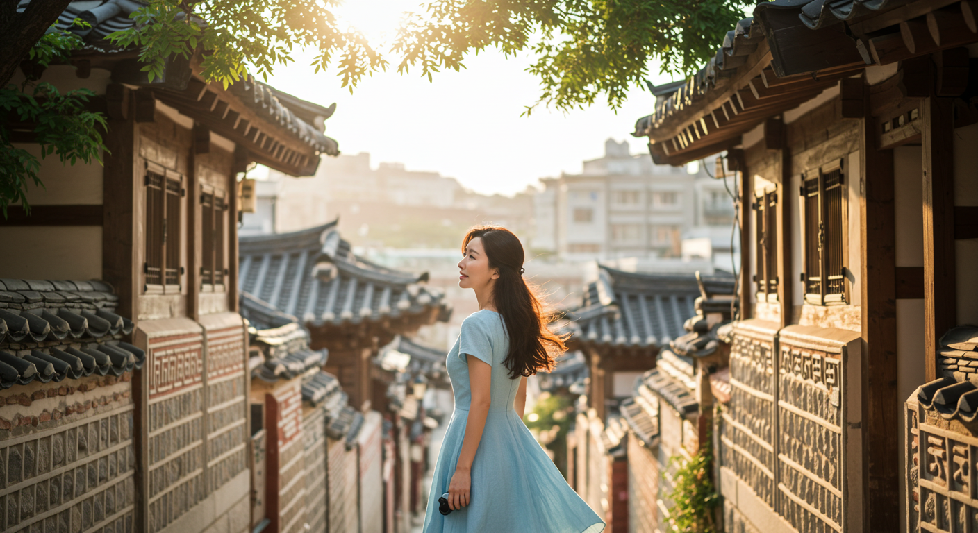 당신은 어떤 미적 성향의 소유자일까? 인간의 심미적 유형과 숨겨진 심리의 비밀 북촌 마을 골목에서 전통 한옥 건축물을 감상하는 여성, 건축미를 통한 심미적 성향 탐구