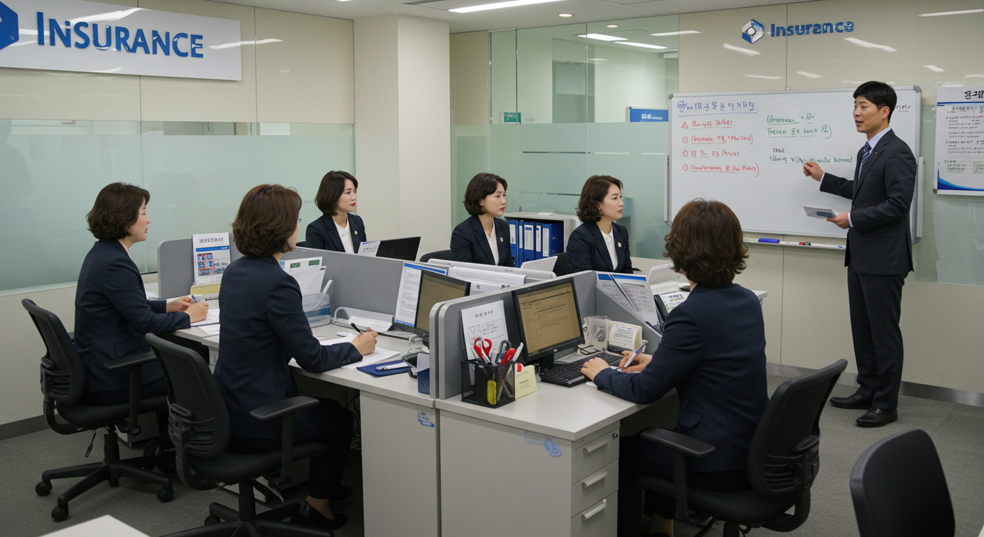 보험 가입할 때 GA가 뭐길래? 한국 생보사 GA의 모든 것: 역사부터 고객 입장에서의 장단점까지 생명보험 GA 독립법인대리점 사무실에서 설계사들이 교육과 회의를 진행하는 모습