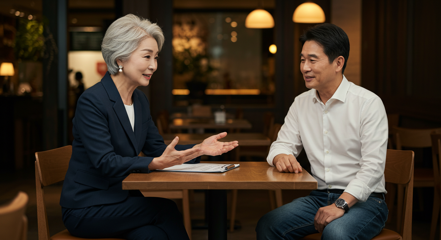 보험 가입할 때 GA가 뭐길래? 한국 생보사 GA의 모든 것: 역사부터 고객 입장에서의 장단점까지 GA 독립법인대리점 설계사와 고객이 대면 상담으로 생명보험 가입 조건을 논의하는 모습