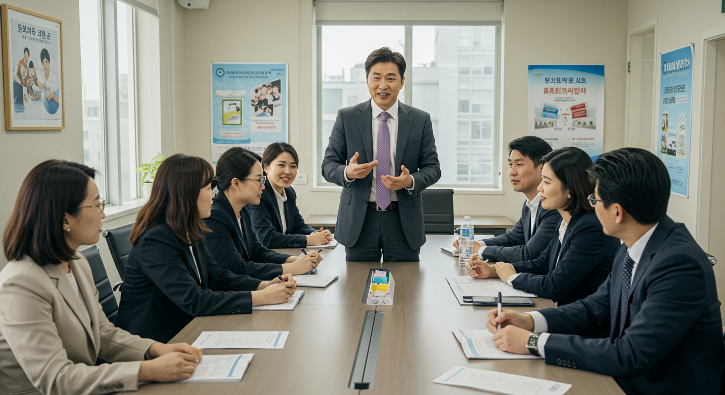 남성 보험설계사가 직장인 고객을 대상으로 보험 상품 브리핑을 진행하는 모습으로 GA와 생명보험사 비교 설명에 활용되는 현장 장면